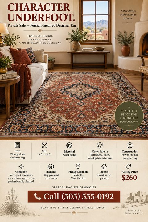 A private sale flyer featuring a large photo of a Persian rug in a cozy living room, followed by a neat grid of icons detailing item specifications, price, and seller contact information.