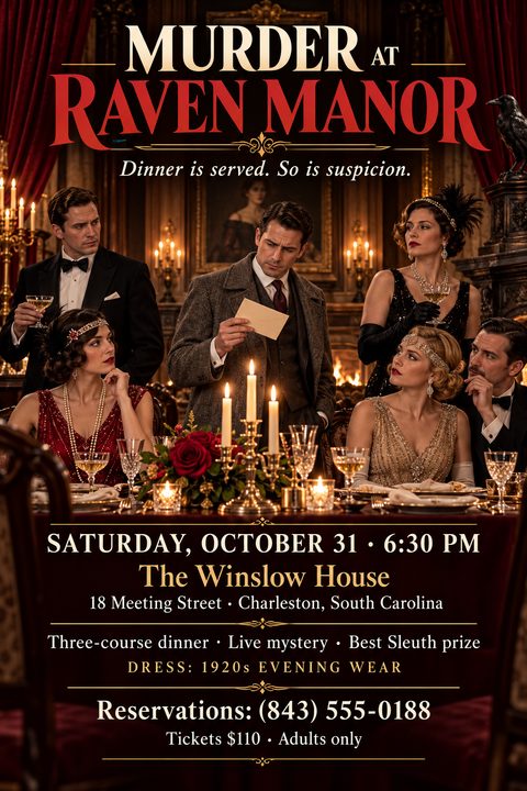 A vintage 1920s-style murder mystery dinner flyer featuring elegantly dressed guests around a candlelit table in a grand manor, with bold red and gold typography detailing event information.