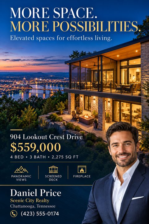 A luxury real estate flyer featuring a twilight photo of a modern hillside home overlooking a city. It includes gold typography, property details, feature icons, and a smiling male realtor in a suit.