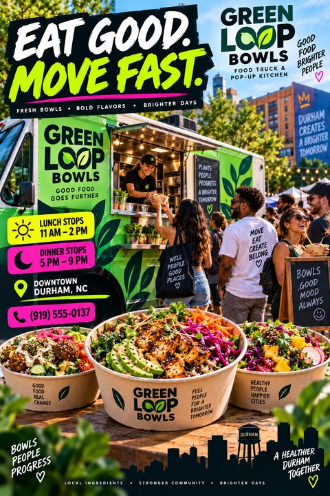 A vibrant flyer for a food truck featuring a green truck serving customers in a city, three large healthy bowls in the foreground, and bright yellow and pink text boxes for schedule details.