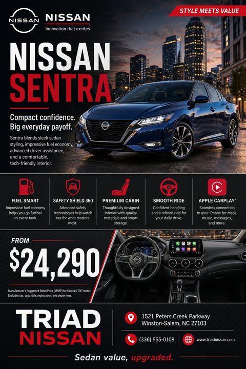 A car dealership flyer featuring a blue sedan parked in a city at dusk. The flyer highlights key features like fuel economy and safety, shows an interior dashboard shot, and lists a starting price.