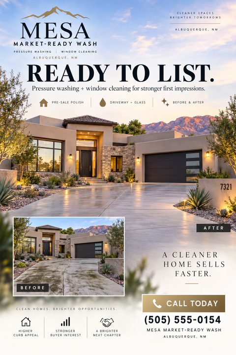 A pressure washing flyer featuring a large photo of a clean modern home and driveway at sunset, with a smaller inset 'before' photo showing a dirty driveway. Text reads 'Ready to List'.