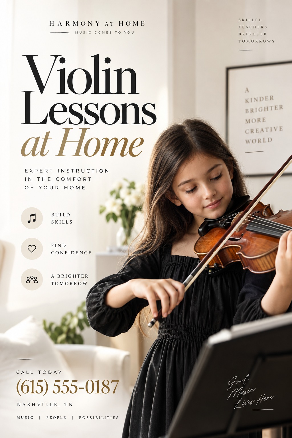 Elegant flyer for at-home violin lessons featuring a large photo of a young girl playing the violin, sophisticated black and gold typography, and bullet points for benefits.