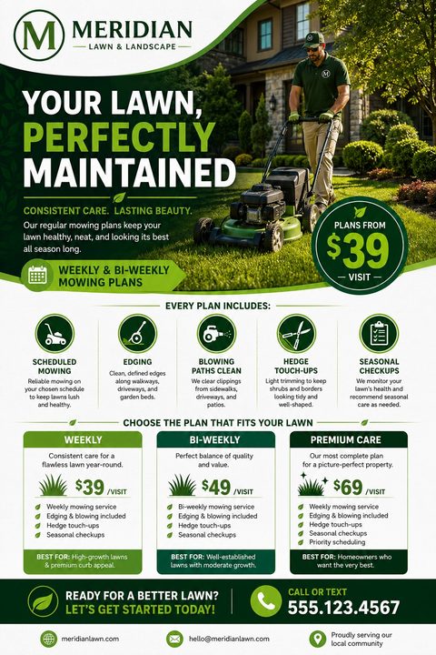 Lawn care flyer template with a photo of a man mowing a lawn. Text reads 'Your Lawn, Perfectly Maintained' with sections for included services and three pricing tiers: Weekly, Bi-Weekly, and Premium Care.
