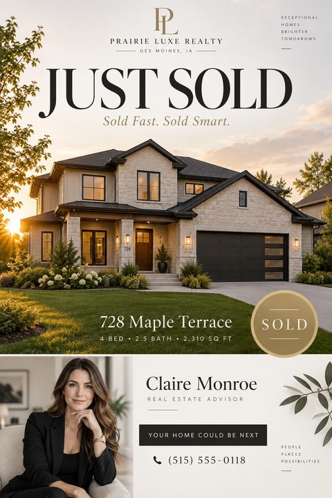 Real estate 'Just Sold' flyer featuring a large photo of a modern stone house at sunset, a gold 'SOLD' badge, property details, and a real estate agent's headshot with contact information.