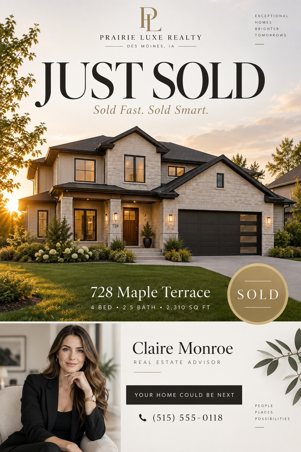 Real estate 'Just Sold' flyer featuring a large photo of a modern stone house at sunset, a gold 'SOLD' badge, property details, and a real estate agent's headshot with contact information.