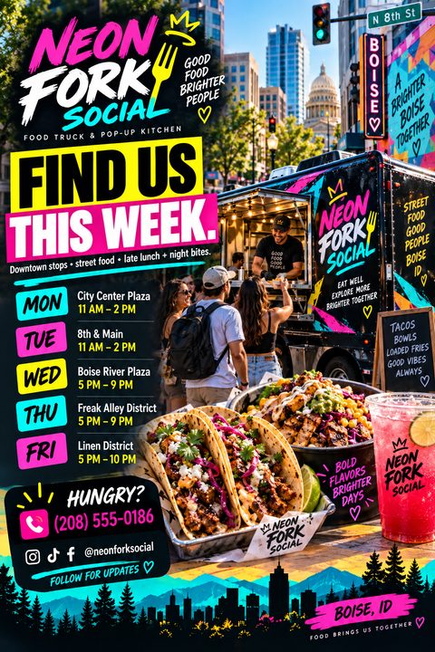 A vibrant food truck schedule flyer with neon pink, yellow, and cyan text. It features a daily location schedule, a photo of a food truck serving customers, and a close-up of tacos.