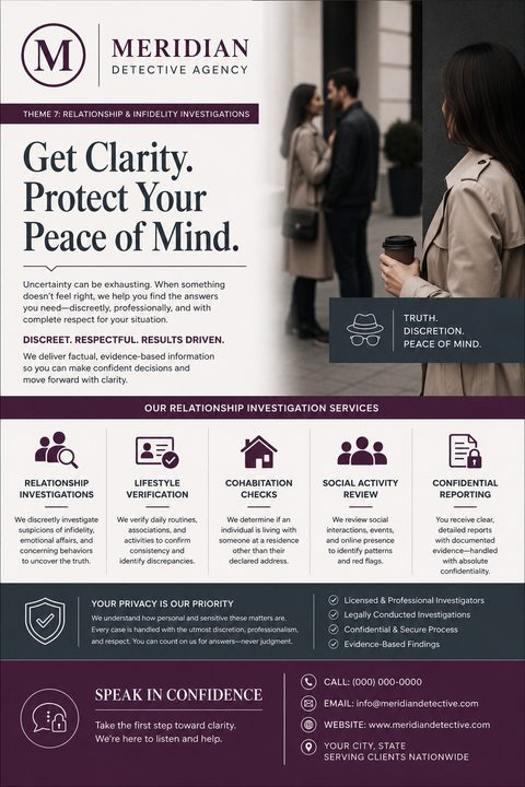 Flyer for Meridian Detective Agency offering relationship and infidelity investigations. Features a photo of a woman observing a couple, with sections detailing services like lifestyle verification and confidential reporting.
