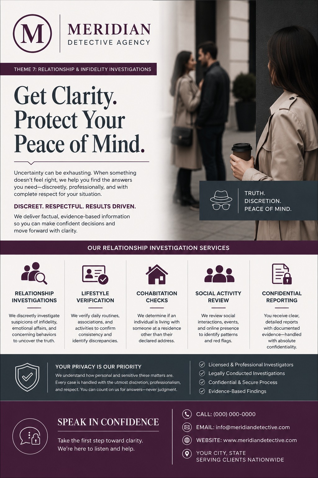 Flyer for Meridian Detective Agency offering relationship and infidelity investigations. Features a photo of a woman observing a couple, with sections detailing services like lifestyle verification and confidential reporting.