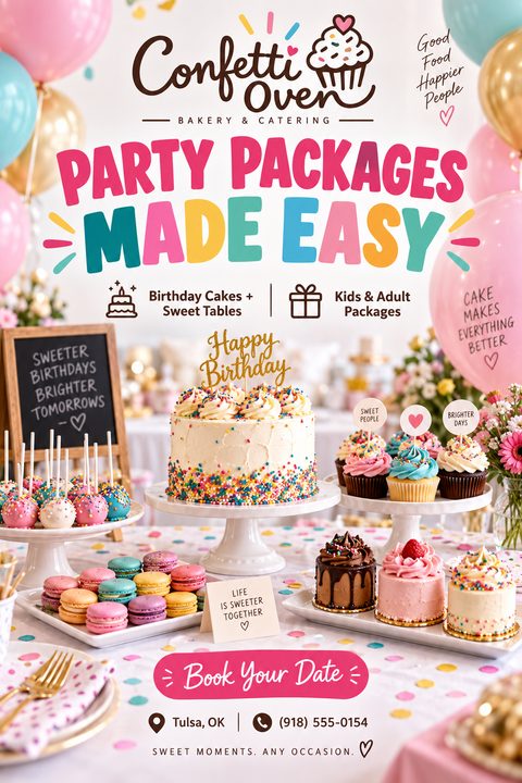 A colorful bakery and catering flyer featuring a vibrant dessert table with a birthday cake, cupcakes, macarons, and cake pops, surrounded by pink and blue balloons. Playful text promotes party packages.