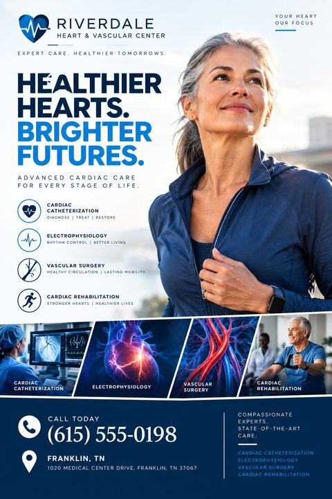 A flyer for Riverdale Heart & Vascular Center with a large photo of a smiling older woman in athletic wear. Below are icons and a photo grid detailing services like cardiac catheterization and vascular surgery.