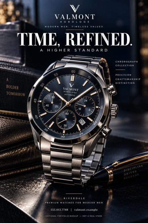 A dark, elegant flyer featuring a close-up of a luxury men's chronograph watch with a metal band, resting on a dark surface next to a pen. The text reads 'Time, Refined. A Higher Standard'.