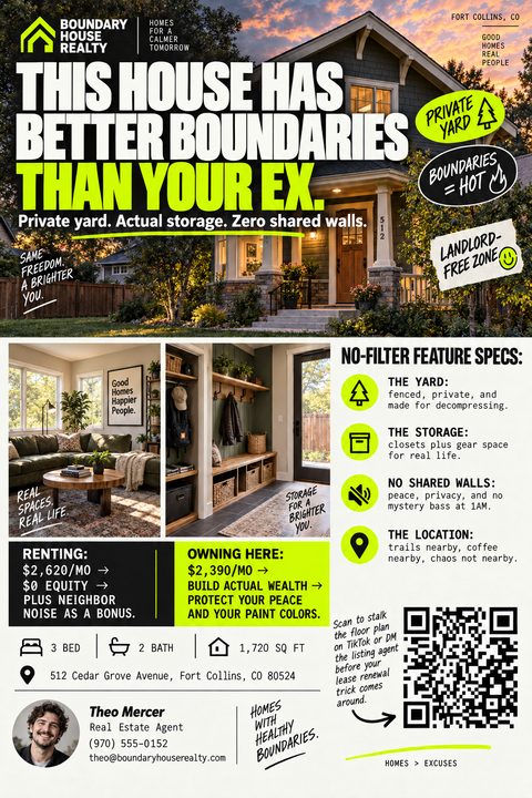 A bold real estate flyer with a large house photo, neon green accents, and humorous text comparing renting to owning. It includes interior photos, property features, agent details, and a QR code.