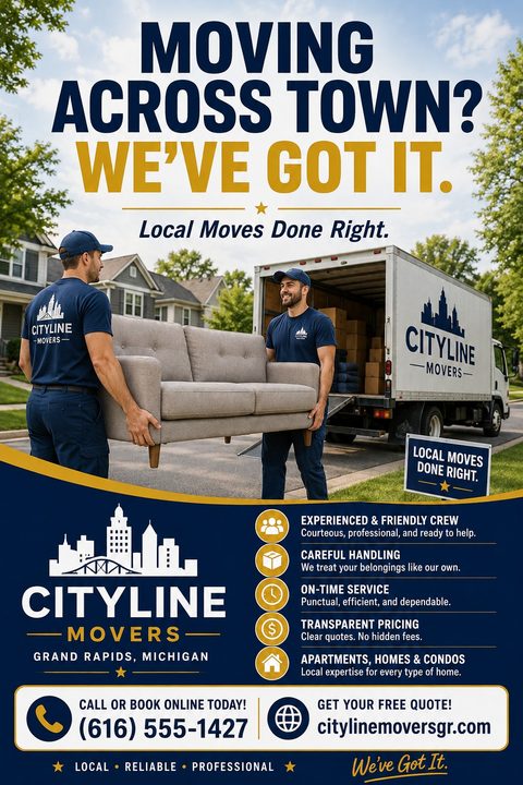 A moving company flyer featuring two men carrying a sofa to a truck. The bottom half is navy blue with gold accents, listing services with icons and contact information.