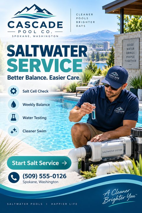 A pool service flyer featuring a technician testing water next to a swimming pool and saltwater system. The design uses refreshing blue and teal tones with wave graphics and clear service bullet points.