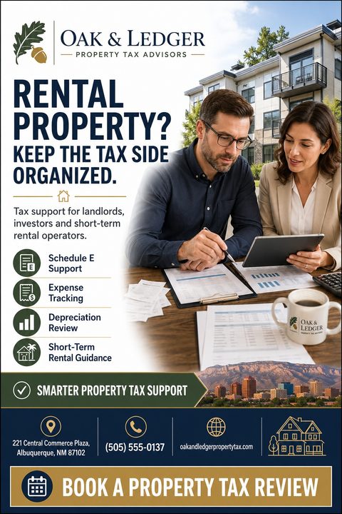 A property tax advisor flyer featuring a photo of two professionals reviewing documents on a tablet, with a modern apartment building behind them. The design uses navy blue, white, and gold.