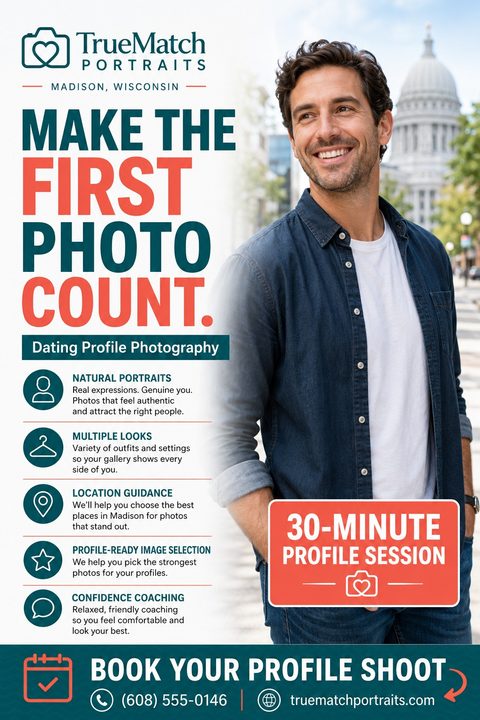Flyer template for dating profile photography featuring a large photo of a smiling man on the right and bold text 'Make the first photo count' on the left, with a list of services.