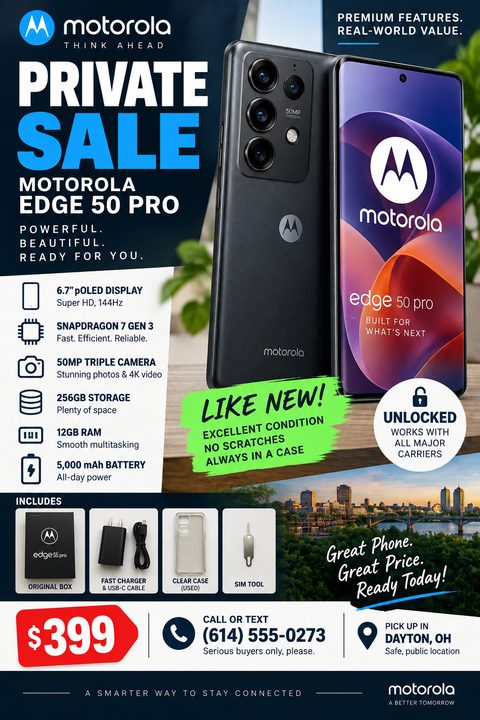 A modern flyer for selling a smartphone, featuring large product photos, a bulleted list of tech specs with icons, photos of included accessories, a bright green condition badge, and a bold red price tag.