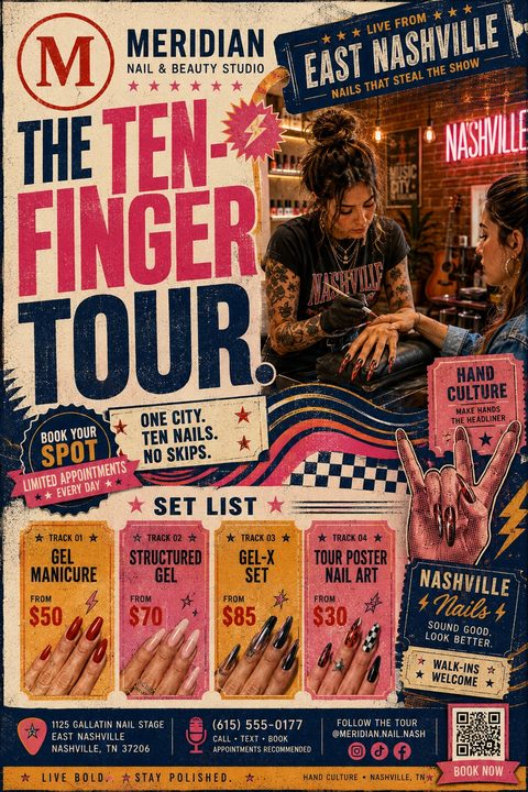 A vintage concert poster-style nail salon flyer with distressed textures, featuring a photo of a nail technician, bold typography, and ticket-shaped sections listing manicure services and prices.