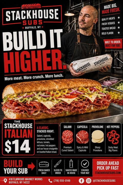 A bold flyer for a sandwich shop featuring a large, appetizing Italian sub sandwich, a photo of a worker holding a wrapped sub, and a breakdown of ingredients like salami, capicola, provolone, and hot peppers.