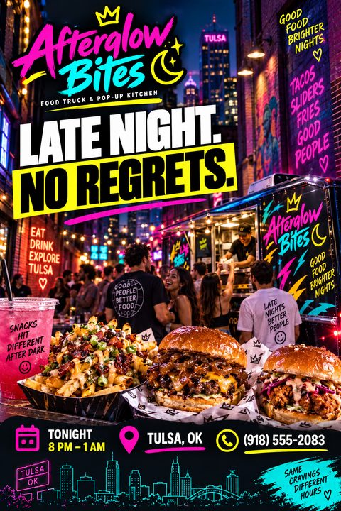 A vibrant flyer for a food truck called Afterglow Bites, featuring a neon-lit street scene with people gathered around a food truck. In the foreground, there are appetizing images of loaded fries, a large burger, a chicken sandwich, and a pink drink.