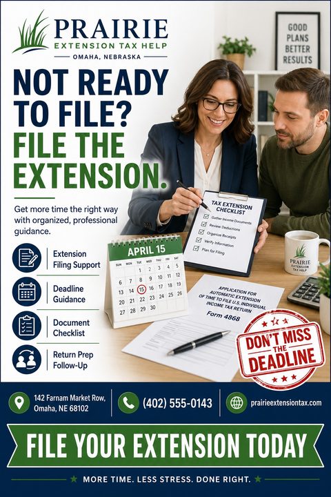Flyer for tax extension help featuring a photo of a tax professional reviewing a checklist with a client. Text reads 'Not ready to file? File the extension.' Includes a calendar showing April 15 and a 'Don't miss the deadline' stamp.