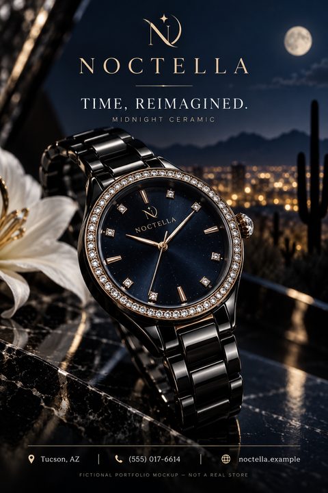 A luxury black ceramic watch with a diamond-encrusted bezel is displayed on a dark marble surface against a nighttime cityscape background. The text reads 'Noctella, Time, Reimagined. Midnight Ceramic'.