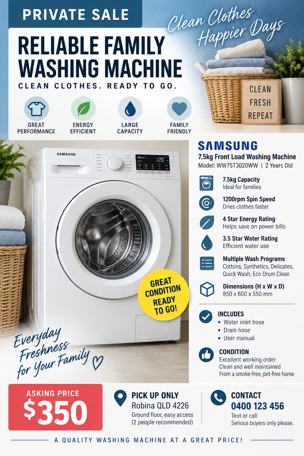 A flyer advertising a private sale for a reliable family washing machine. It features a large photo of a front-load washer, a list of specifications, and an asking price of $350.