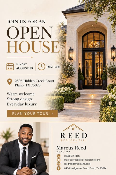 Real estate open house flyer template with a large photo of a luxury home's arched entrance, event details, and a realtor's headshot and contact information.