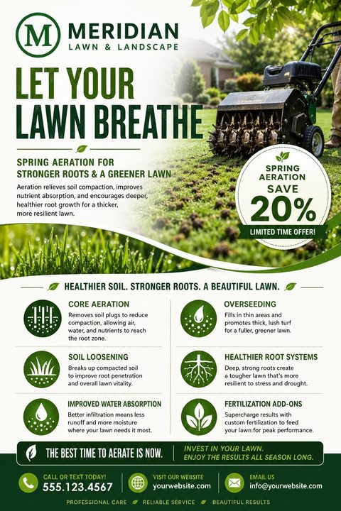 A lawn care flyer featuring a photo of a lawn aerator machine on grass, with the headline 'Let Your Lawn Breathe' and a 20% off spring aeration offer. Below are icons detailing services like core aeration, overseeding, and soil loosening.