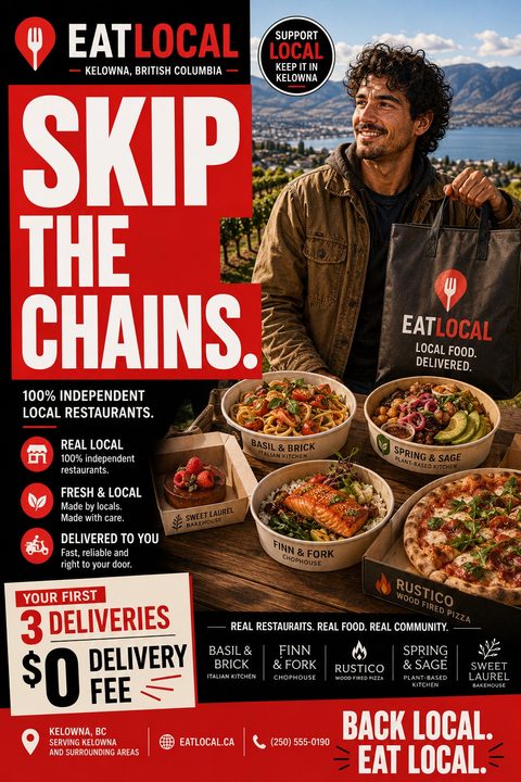Flyer for a local food delivery service titled 'Skip the Chains'. Features a man holding a delivery bag outdoors, surrounded by various takeout meals like pasta, pizza, and salmon. Includes a '$0 Delivery Fee' offer and lists partner restaurants.