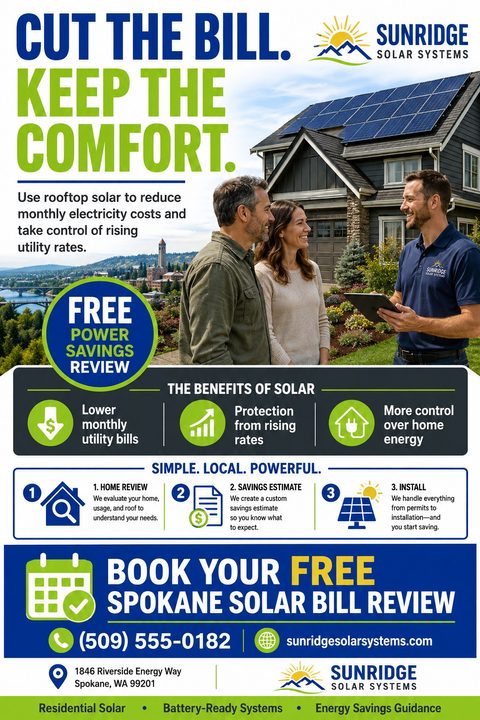 Flyer for Sunridge Solar Systems featuring a couple talking to a solar representative in front of a house with solar panels. Text reads 'Cut the bill. Keep the comfort.' and offers a 'Free Power Savings Review'.