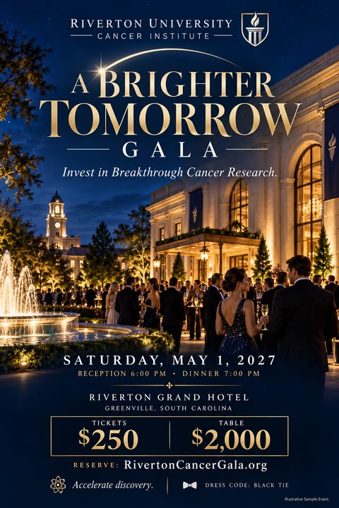 A formal gala invitation flyer featuring a twilight photo of guests in evening wear mingling outdoors by a lit fountain in front of a grand building. Text is in elegant gold and white serif fonts on a dark blue background.