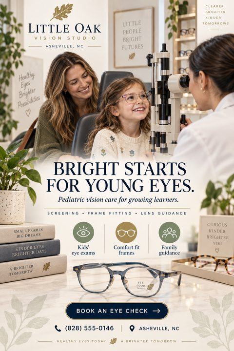 A warm beige flyer for a pediatric vision studio. The top half shows a smiling child getting an eye exam. The bottom features service icons, a pair of glasses, and contact details.