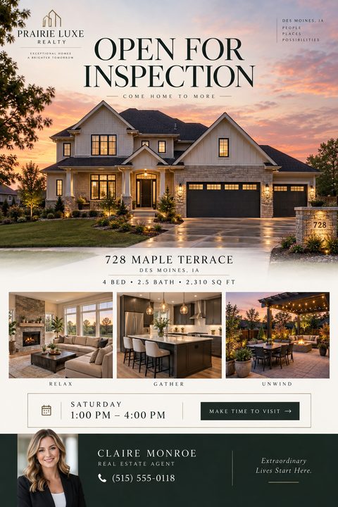 Real estate open house flyer featuring a large sunset photo of a luxury home, three smaller property photos, event details, and a dark green footer with a real estate agent's headshot and contact information.