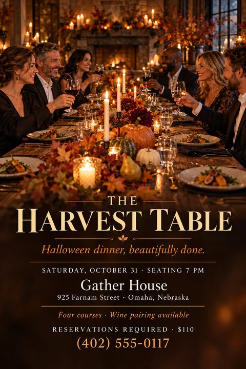 A flyer for a Halloween dinner event featuring a photo of elegantly dressed adults enjoying wine at a long, rustic wooden table decorated with candles, pumpkins, and autumn leaves.