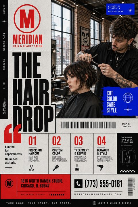 Flyer for a hair and beauty salon featuring a photo of a stylist cutting a woman's hair in an industrial-style salon. The design uses a grunge aesthetic with bold typography, red accents, and a list of services like precision haircut and custom.