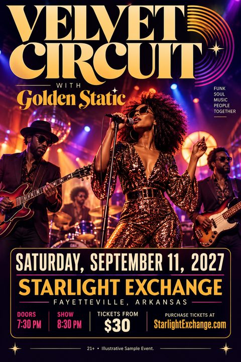 A vibrant concert flyer featuring a retro-style photo of a funk band performing. A female singer in a sequined jumpsuit is front and center, with bold gold typography above and event details below.
