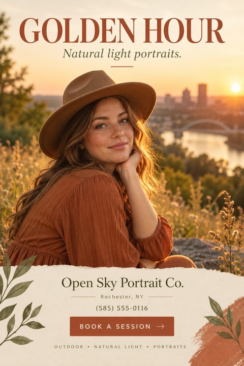 A warm, earthy photography flyer featuring a large photo of a woman at sunset. The bottom section has a torn paper edge, beige background, botanical leaf illustrations, and booking details.