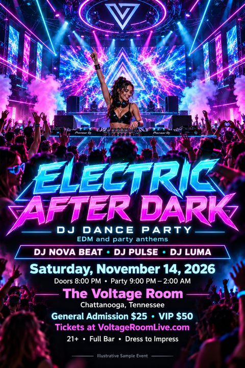 A vibrant neon flyer for a DJ dance party featuring a female DJ performing for a large, energetic crowd under bright pink and blue laser lights and smoke effects.