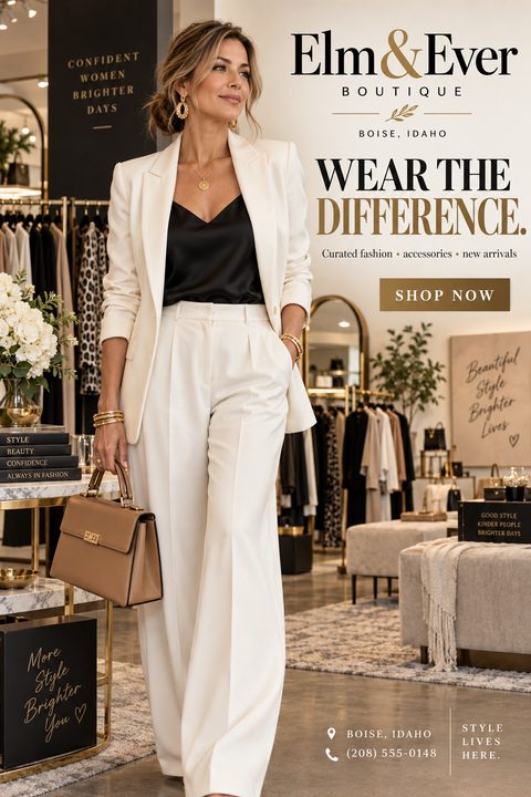 A fashion boutique flyer featuring a woman in a white suit and black top holding a tan handbag, with text reading 'Elm & Ever Boutique, Wear the Difference, Curated fashion, accessories, new arrivals'.