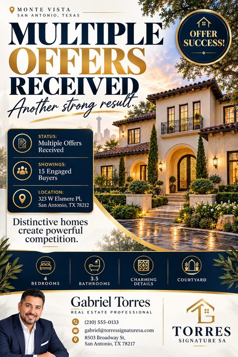 Real estate flyer template with a large photo of a luxury home at sunset. Text reads 'Multiple Offers Received. Another strong result.' Features navy blue and gold accents, property details, and agent contact information.