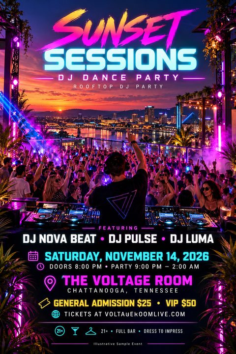 Flyer for a Sunset Sessions DJ Dance Party featuring a vibrant image of a DJ performing for a crowd on a rooftop at sunset, with neon pink and blue text detailing the event date, location, and ticket prices.