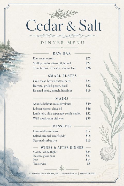 A dinner menu flyer with a light background, featuring watercolor illustrations of a rocky coastline on the left and seaweed with a seashell on the right. The text is arranged in sections for Raw Bar, Small Plates, Mains, Desserts, and Wines.