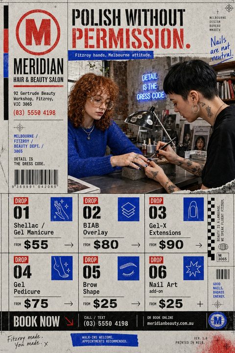 An edgy nail salon price list flyer with a distressed, grunge texture. It features a photo of a nail technician working, bold red and blue typography, and a grid layout detailing manicure and pedicure services.