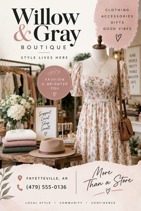 Flyer for a boutique featuring a photo of a floral dress on a mannequin, folded sweaters, a hat, and a 'Support Local Shop Small' sign. Soft pink brushstroke accents and elegant text overlay.
