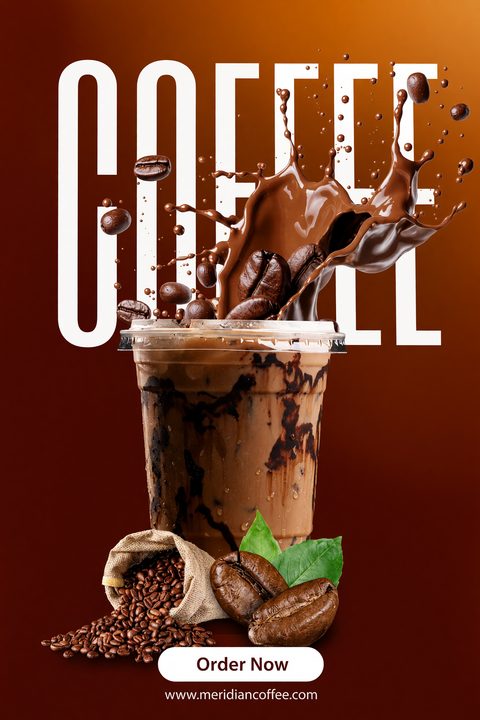 A flyer featuring a large iced mocha drink with a dynamic splash of chocolate and coffee beans erupting from the top. The word 'COFFEE' is written in large white letters behind the splash. A small burlap sack of coffee beans sits at the base.