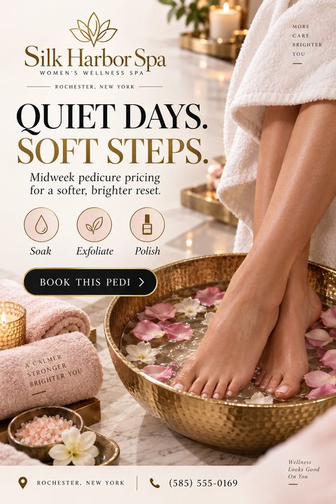 Elegant spa flyer featuring a woman's feet soaking in a gold bowl with flower petals. The design includes soft pink towels, candles, and sophisticated gold and black typography promoting a pedicure special.