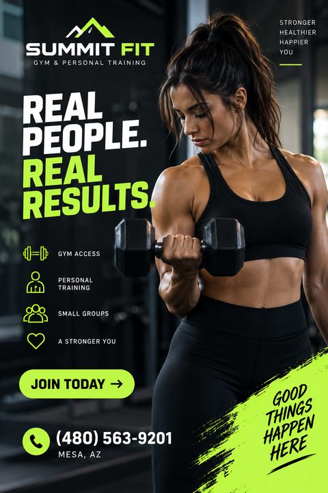 A fitness flyer with a woman lifting a dumbbell. Text reads 'Real People. Real Results.' with neon green accents and icons for gym access, personal training, and small groups.