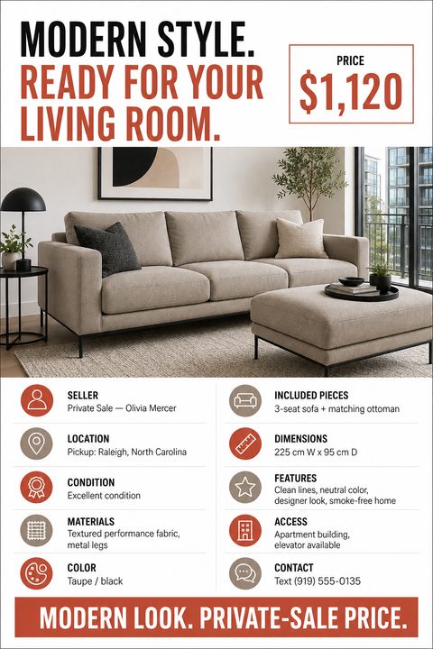 A modern flyer for selling furniture. It features a bold headline, a prominent price box, a large central photo of a sofa, and a two-column list of specifications with icons below.